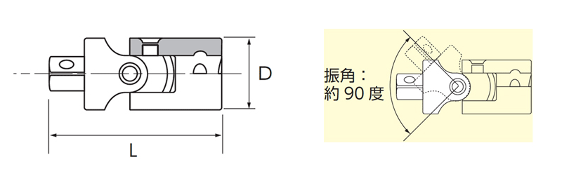 9.5sq.ユニバーサルジョイント 寸法図