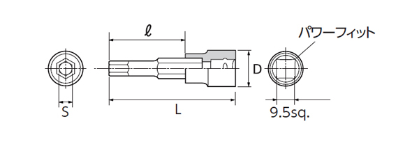 9.5sq.ショートヘキサゴンビットソケット 寸法図